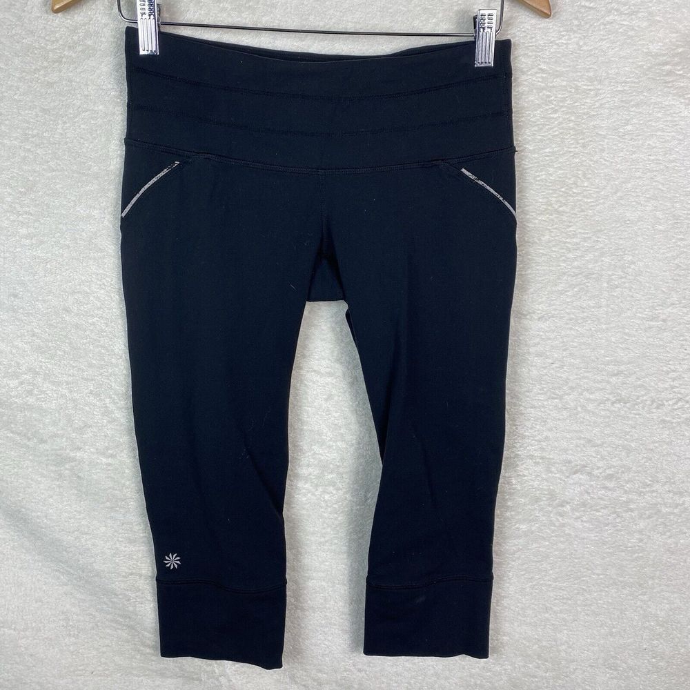 ATHLETA Womens RELAY Leggings Small Black Pull On Capri Athletic Athleisure Crop